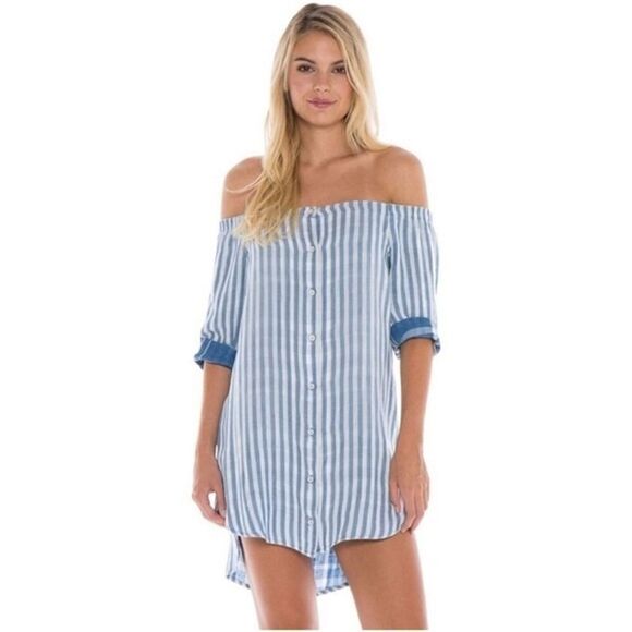 Cloth & Stone Blue & White Striped Off- Shoulder Dress - Picture 1 of 8